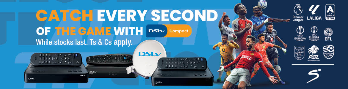 CATCH EVERY SECOND OF THE GAME WITH DSTV COMPACT. While stocks last. Ts & Cs apply.  