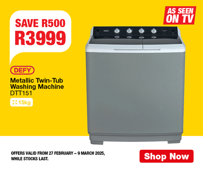 Defy Metallic Twin-Tub Washing Machine DTT151 SAVE R500. R3999