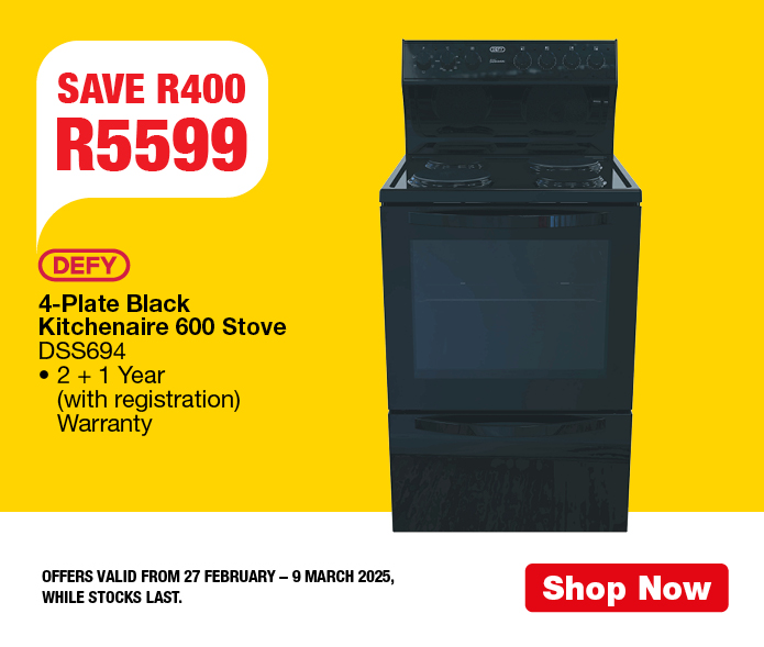 Defy 4-Plate Black Kitchenaire 600 Stove DSS694 SAVE R400. R5599