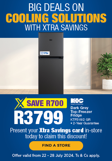 BIG DEALS ON COOLING SOLUTIONS WITH XTRA SAVINGS. KIC 170-Litre Dark Grey Fridge — R3799, save R700. Present your Xtra Savings card in-store to claim this discount! Offer valid from 22 – 28 July 2024. While stocks last. Ts & Cs apply. 