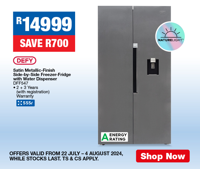 Defy 555L Satin Metallic-Finish Side-by-Side Freezer-Fridge with Water Dispenser DFF547• 2 + 3 Years (with registration) Warranty. R14999, save R700.