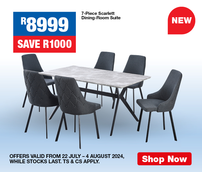 NEW: 7-Piece Scarlett Dining-Room Suite. R8999, save R1000